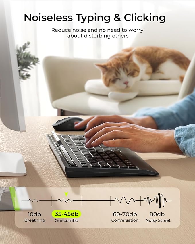 seenda Bluetooth Keyboard and Mouse Combo, Multi-Device Ergonomic Keyboard Mouse with Phone Holder, Full Size Wireless Quiet Combo Compatible for Windows, Laptop, MacBook, PC, iPad - Black