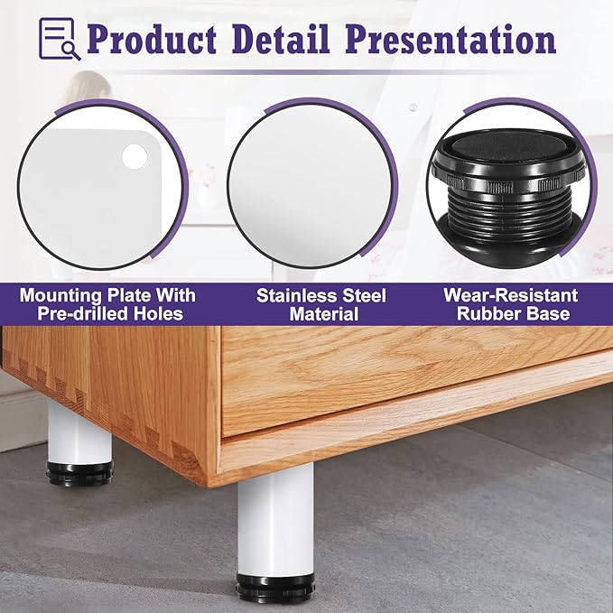 10 Inch Metal Furniture Legs Stainless Steel Adjustable Legs White Metal Legs Round Cabinet Legs for Coffee Table Cabinet Desk Sofa Shelves, Pack of 4
