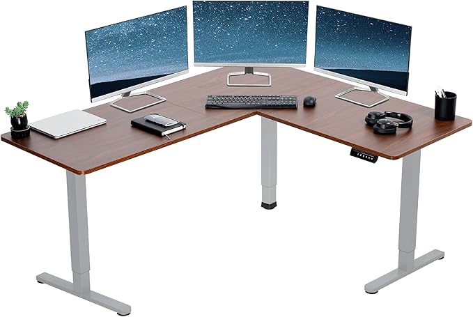 VIVO Corner Standing Desk, 63 x 55 inch Reversible L-Shaped Workstation, Electric Height Adjustment, Home, Office, and Reception Rooms, Dark Walnut Table Top Gray Frame, DESK-E3CTGD