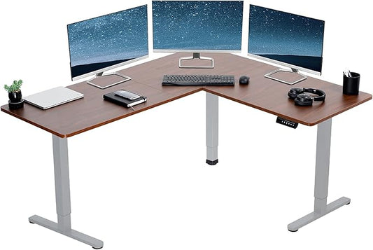 VIVO Corner Standing Desk, 63 x 55 inch Reversible L-Shaped Workstation, Electric Height Adjustment, Home, Office, and Reception Rooms, Dark Walnut Table Top Gray Frame, DESK-E3CTGD