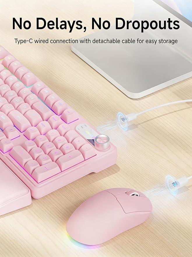 C98 Wired Keyboard and Mouse Combo, Wired Ergonomic Computer Keyboards with Wrist Palm, Double-Shot Keycaps, Silent RGB Backlight Quiet Keyboard for Windows/MAC/PC - Pink