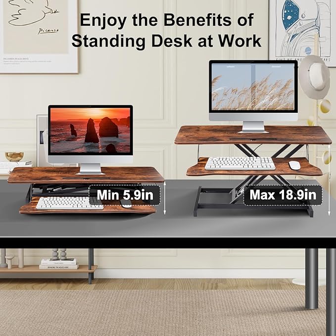 38-Inch Height Adjustable Standing Desk Converter, Duals Monitor & Laptop Riser with Wide Keyboard Tray, Sit to Stand Ergonomic Workstation for Home Office, School, Business, Tiger Brown