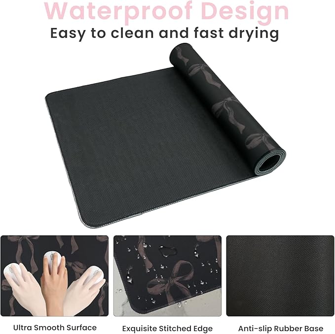 Cute Black Desk Mat with Bows, Black Bow Mouse Pad Keyboard Mat for Computer Laptop Non-Slip Rubber Base, Large Girly Computer Pad Desktop Décor Bow Office Accessories for Teen Girl Women 31.5 x 11.8