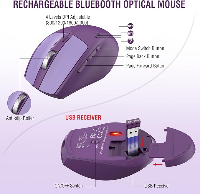 Ergonomic Wireless Keyboard Mouse Combo, EDJO Bluetooth/2.4G Dual Channel, Split Design, Soft Foam Palm Rest, 4 Level DPI Adjustable Wireless Mouse, Rechargeable, for Windows/Mac/Android(Purple)
