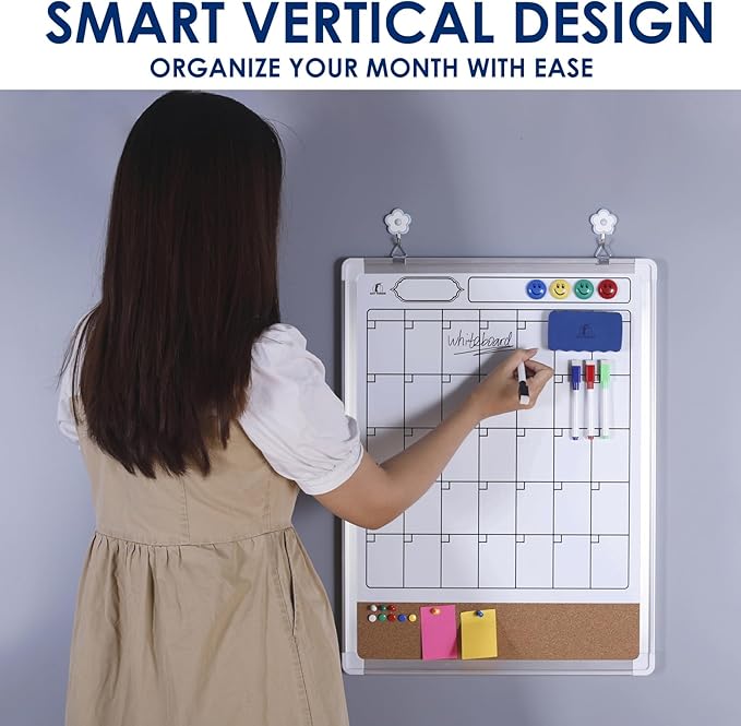 Whiteboard Calendar Dry Erase for Wall - 18 x 24 in White Board Planner Monthly Magnetic with 1 Eraser, 4 Dry Wipe Markers, 4 Magnets and 10 Thumb Tacks - Wall Hanging Marker Board Month Calendar