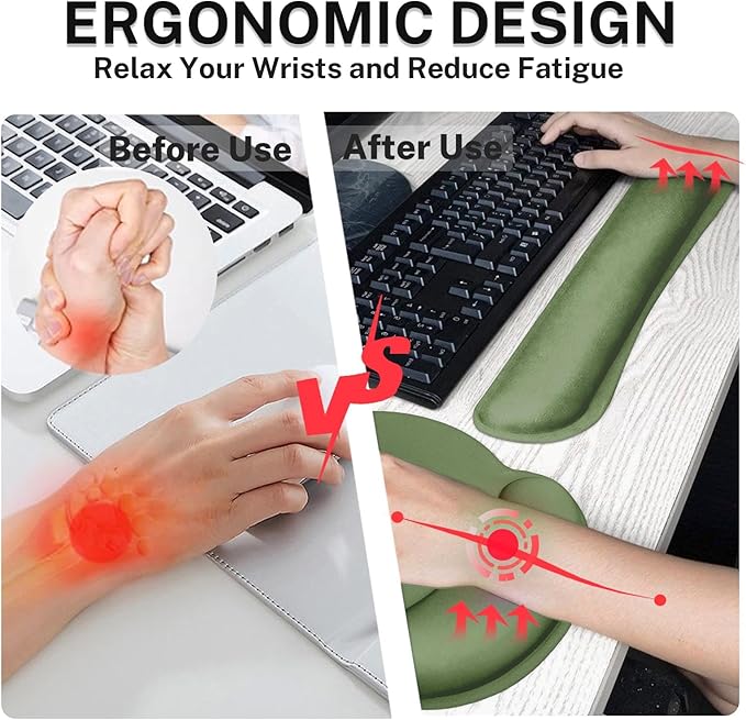 Britimes Olive Green Keyboard Mouse Pad Set 4in1 Large Mousepad+Keyboard Wrist Rest+Mouse Wrist Rest+Coaster Ergonomic Design for Home Office Computer 35.4x15.7Inches