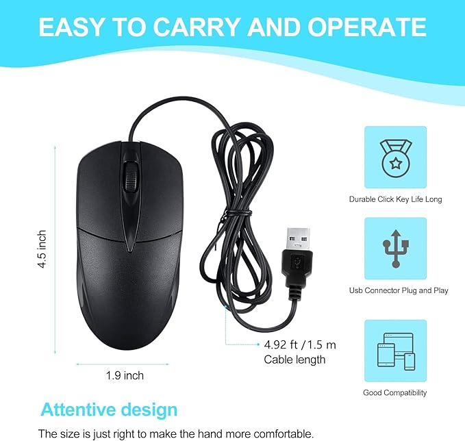 10 PCS Black Wired Computer Mouse Bulk USB 1000 DPI 3 Button Corded Mouse with Home Office Noiseless Simple USB Mouse for Computer Laptop Desktop PC
