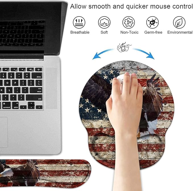 Keyboard Wrist Rest and Mouse Pad Wrist Support Set with Coasters, Non-Slip PU Base, Easy Typing and Relieve Wrist Pain, Perfect for Home Office Working Studying, Military Wall Graffiti USA Flag Eagle