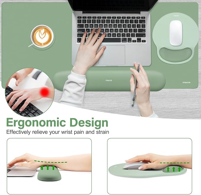 MOSISO Wrist Rest for Keyboard Mouse Pad Set, Large Gaming Deskpad&Circle Curved Mousepad&Keyboard Wrist Rest&Coaster, Ergonomic Non-Slip Mousepad&Easy Typing Pad with Silicone Lining, Green