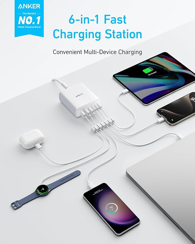 Anker Desktop Charger, Fast Charging USB C Charger with 112W Max 6-Port Desk Accessories for Home Office, Campatible with Multiple Devices, iPhone, iPad, MacBook, Galaxy and More (Cable Not Included)