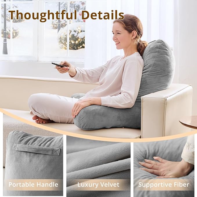 Sasttie 25-inch Reading Pillows for Sitting in Bed Adult, Jumbo Velvet Back Pillow Bed Sitting Up, XL High Back-Rest Support Cushion for Sit Up on Couch & Floor, Oeko-Tex Certified, Dark Grey