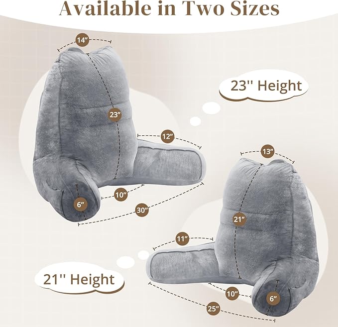 Sasttie Reading Pillow for Bed - 23 Inch, Back Pillow for Bed Sitting Up, Back-Rest Support Cushion with Side Pockets and Arms, Dorm Essentials, Oeko-Tex Certified, Dark Grey