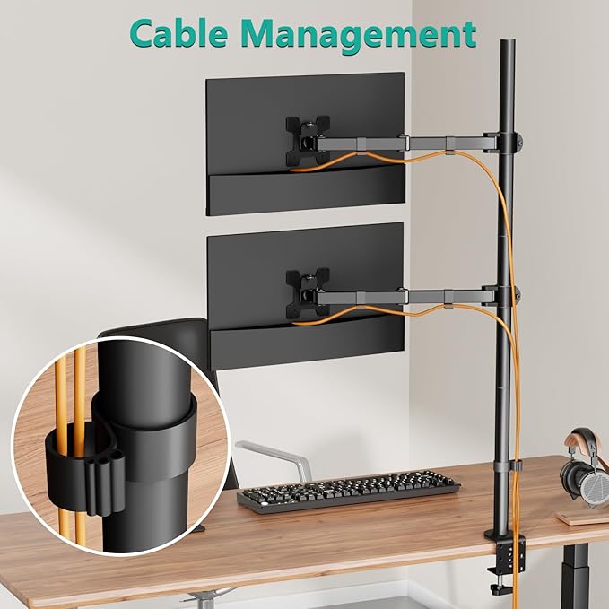 WALI Stacked Monitor Mount, Dual Monitor Stand Vertical for 2 Computer Screens Max 27'', Vertical Monitor Mount for Desk Holds up to 22lbs with Mounting Holes 75/100mm (M12XXL), Black