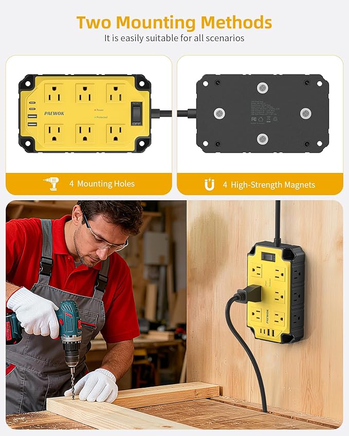 Surge Protector Power Strip 15 Amps/1200 Joules, 12 Outlets with 4 USB Ports (2 USB-C), Magnetic Heavy Duty Power Strip, 6.5 FT Extension Cord for Industrial Shop Garage (Yellow)