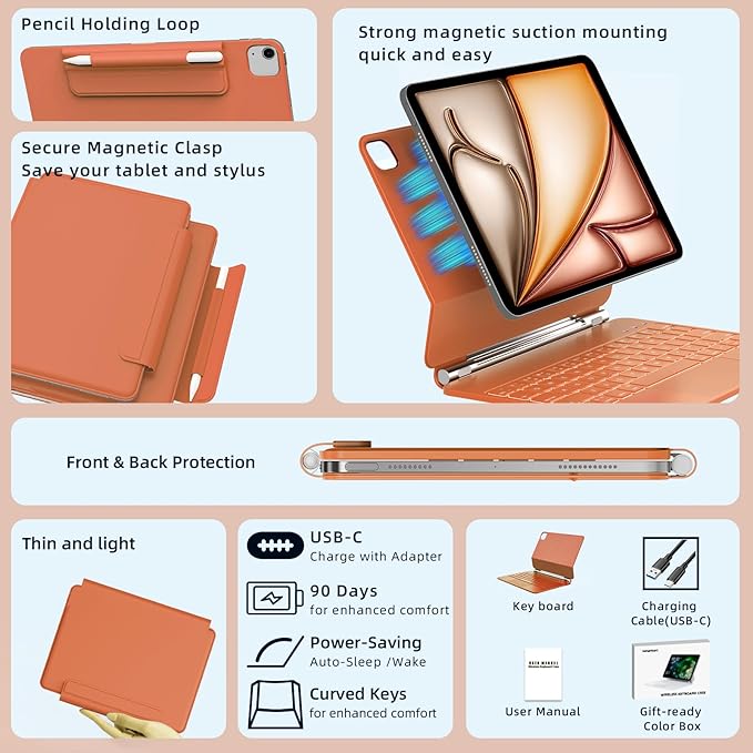 for iPad Air 11 inch Case with Keyboard (M4/M3/M2, 2026/2025/2024), iPad Pro 11 (4th/3rd/2nd/1st Gen) & Air 5/4th Magic Keyboard Case, Backlit, Multi-Touch Trackpad, Orange