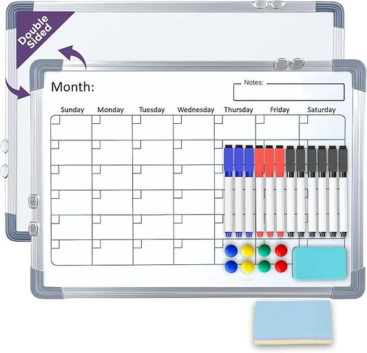 Large White Board Calendar Dry Erase Planner, Dual Side Magnetic Whiteboard for Fridge, Family Calendar Planning Boards w/Movable Hooks, Monthly Whiteboard with Lines, Memo, Pens & Eraser (16x12)