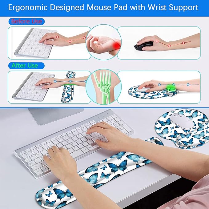 Mouse Pad Wrist Support and Keyboard Wrist Rest Pad with Coaster,Non-Slip Rubber Base Ergonomic Gaming Mousepad for Home Office Working Studying Easy Typing & Pain Relief,Blue Butterflies