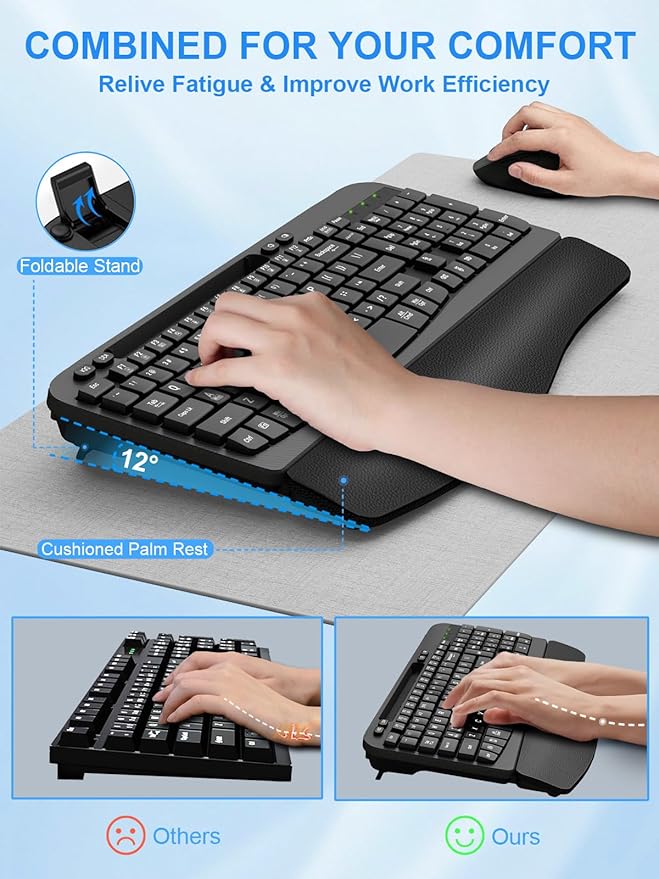 Wireless Keyboard and Mouse Combo, Wave Keys Computer Ergonomic Keyboard with Cushioned Plam Rest, Phone Holder, 2.4GHz Silent 6 Button Wireless Mouse Set for Laptop, PC, Windows, Mac (Black)