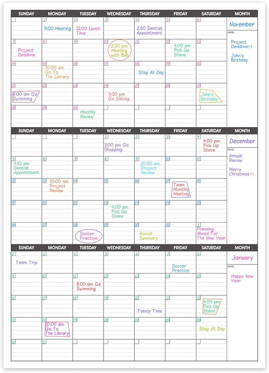 Large Dry Erase Calendar for Wall,3 Month Vertical Wall Calendar, Blank Reusable Monthly Quarterly Calendar Planner Undated, 27.8"x41" Whiteboard Calendar, Office, Classroom
