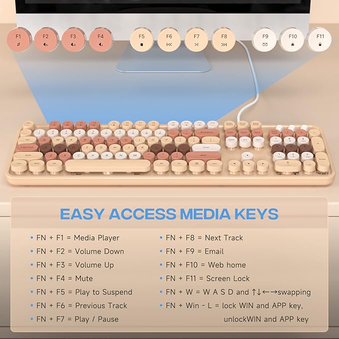 Wired Keyboard, 104 Keys Full-Sized Typewriter Keyboards, USB Plug and Play Office Keyboard with Number Pad, Caps Indicators, Foldable Stands for Windows, PC, Laptop, Desktop (Milk-Tea)