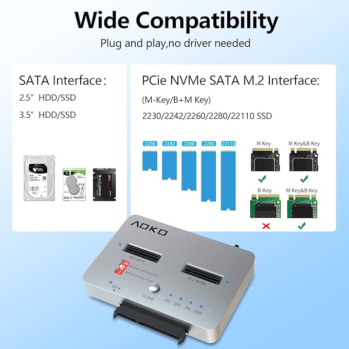 AOKO M.2 Duplicator SATA to NVMe SSD Cloner Docking Staion for NVMe + M.2 NGFF and 2.5" /3.5" SATA SSD/HDD Converter and Reader Bidirectional Offline Hard Drive Cloner