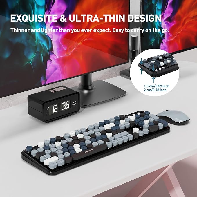 Cute Retro Wireless Keyboard and Mouse Combo with Round Key, 2.4Ghz Dropout-Free Connection, Typewriter Wireless Keyboard and Mouse Set for PC, Laptop, Desktop Computer - Grey Colorful