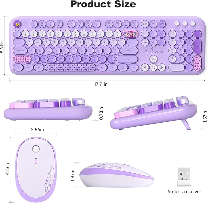 MOFII Wireless Keyboard and Mouse Combo, Cute Colorful Full Size Keyboard and Adjustable Mouse, 2.4GHz Retro Typewriter Keyboard and Mouse Set for PC/Desktop/Laptop/Windows (Purple Colorful)