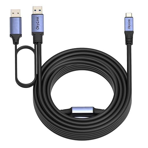 OkyLink Active USB 3.0/3.2 Gen1 A to C Data Cable 65ft/20M – High-Speed 5Gbps, Signal Booster, Optional Power, Long-Distance Cable for VR, Portable Hard Drive, Docking Station, Printer