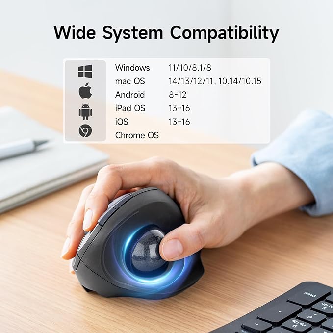 SANWA Bluetooth + 2.4G Wireless Trackball Mouse, Silent Ergonomic Roller Ball Mice, Programmable Vertical Thumb Mouse, 2 Device Connection, Compatible with Mac, Windows, Laptop, Android, PC, Black