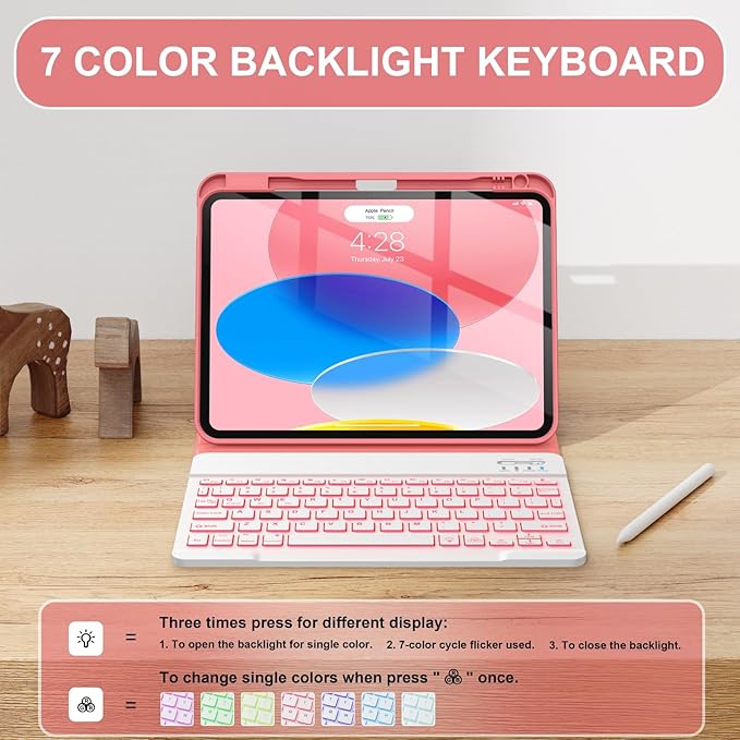 Soke for iPad (A16) 11th/10th Generation Case with Keyboard(2025/2022)-7 Color Backlight Wireless Detachable Folio Keyboard Cover with Built-in Pencil Holder for iPad 11/10.9 inch, Watermelon Red