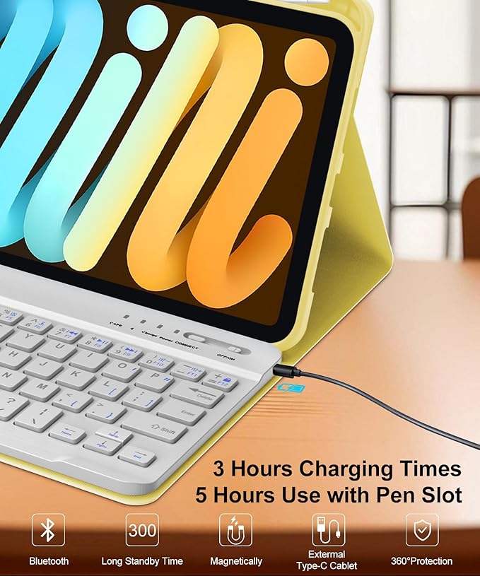 iPad mini 7th Gen 2024 (A17 Pro) & iPad mini 6 Keyboard Case 2021, Detachable Wireless Bluetooth Keyboard Slim Folio Smart Cover with Pencil Holder for iPad mini 7th/6th Gen 8.3 inch - Yellow