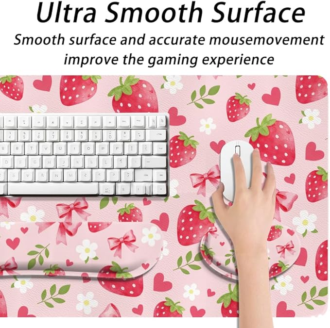 4 in 1 Large Keyboard Mouse Pad Set, Ergonomic Keyboard Wrist Rest Pad, Wrist Support Mousepad Set, Cup Coaster, Extended Desk Mat for Home Game Women Office Desk Decor Accessories(Pink)