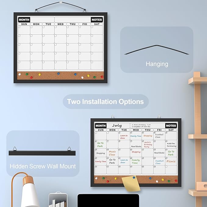 Monthly Calendar Dry Erase Board 16x12 Inch, Double-Sided Whiteboard and Corkboard Combo with Black MDF Frame, Wall Mounted Planner with Markers, Magnets, Push Pins, Eraser