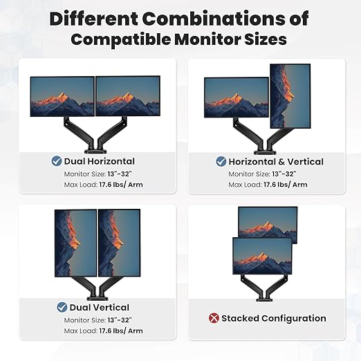 DUMOS Dual Monitor Stand for Desk, Gas Spring Monitor Arm for 2 Monitors Max 32 Inches, Fully Adjustable Double Monitor Mount, VESA Mount with C-Clamp/Grommet Base, Holds Screen 17.6 lbs