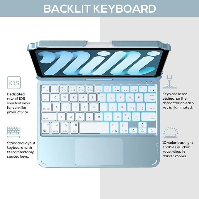 typecase Keyboard Case for iPad mini 7 (2024) & mini 6 (2021) - Wireless Case with Keyboard for iPad mini 7th 6th Generation 8.3" - 11 Colors Backlit Keyboard Cover with Trackpad - Light Blue