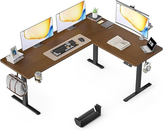 75X61 Inches Reversible L Shaped Standing Desk Height Adjustable, Electric Corner Computer Desk with Cup Holder, Sit Stand up Home Office Desk, Ergonomic Gaming Desk, Black Walnut