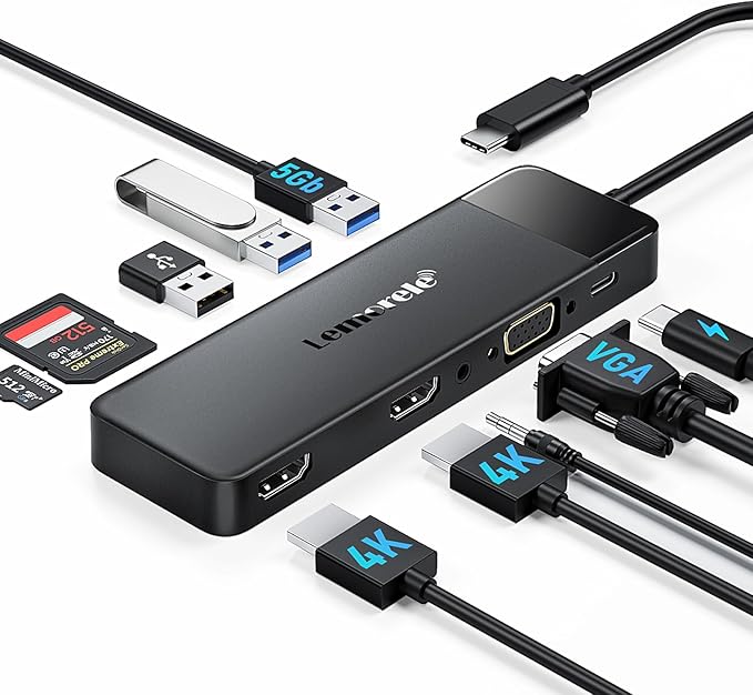 Lemorele USB C Docking Station Dual Monitor 10- in-1 Triple Display Laptop Hub Multiport Adapter w/2 HDMI 4K+VGA+3 USB3.0/2.0+TF/SD 2.0+Audio+100W PD, USB C Dongle for Mac/Dell/HP/Lenovo/Surface