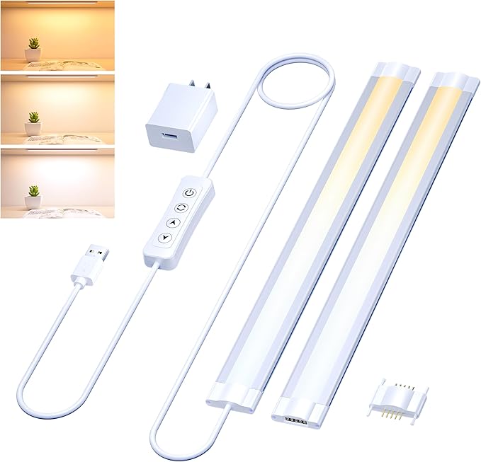 LED Under Cabinet Lighting USB Plug in Cabinet Lights,3 Levels CCT(3000K/4000K/6000K),Ultra-Thin 12Inch - 2X Dimmable Indoor Light Bar Linkable for Under Counter,Desk,Shelf,Closet,Workbench,8W,720LM