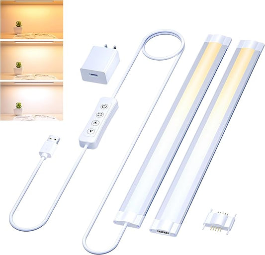 LED Under Cabinet Lighting USB Plug in Cabinet Lights,3 Levels CCT(3000K/4000K/6000K),Ultra-Thin 12Inch - 2X Dimmable Indoor Light Bar Linkable for Under Counter,Desk,Shelf,Closet,Workbench,8W,720LM