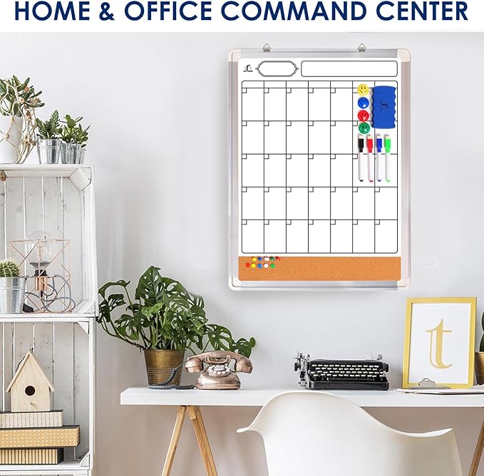 Whiteboard Calendar Dry Erase for Wall - 18 x 24 in White Board Planner Monthly Magnetic with 1 Eraser, 4 Dry Wipe Markers, 4 Magnets and 10 Thumb Tacks - Wall Hanging Marker Board Month Calendar