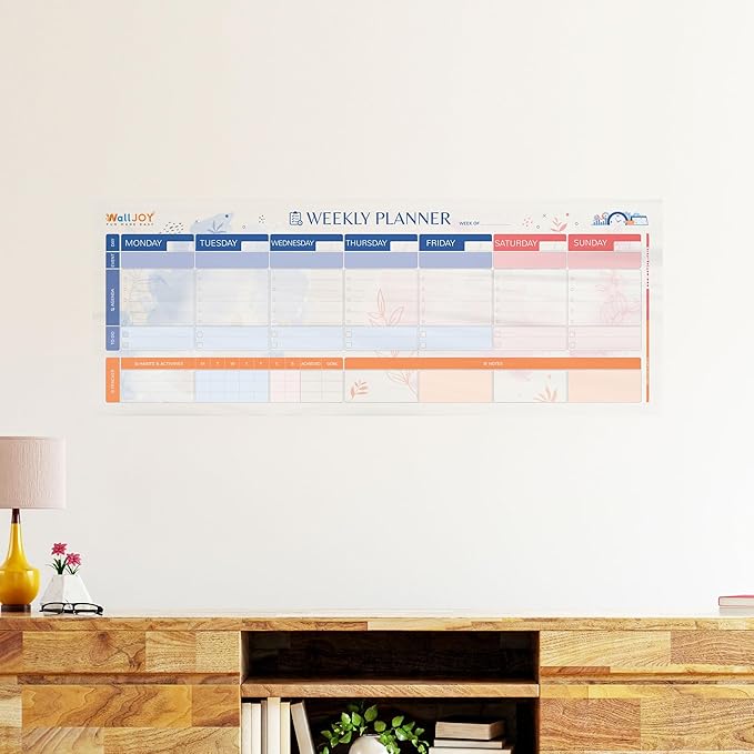 Dry Erase Calendar – 39.4x16” Weekly Dry Erase Board for Wall, Clear Weekly Planner Whiteboard, Adhesive-Free Calendar Whiteboard Sticks to Any Smooth Surface, Weekly Schedule Whiteboard