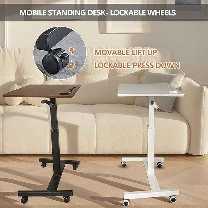 Mobile Standing Desk,Height Adjustable Overbed Bedside Table with Wheels&Cup Holder,Hand Crank Sit Stand Desk and Laptop Cart,Computer Workstation for Home Office Classroom Hospital (Manual Walnut)