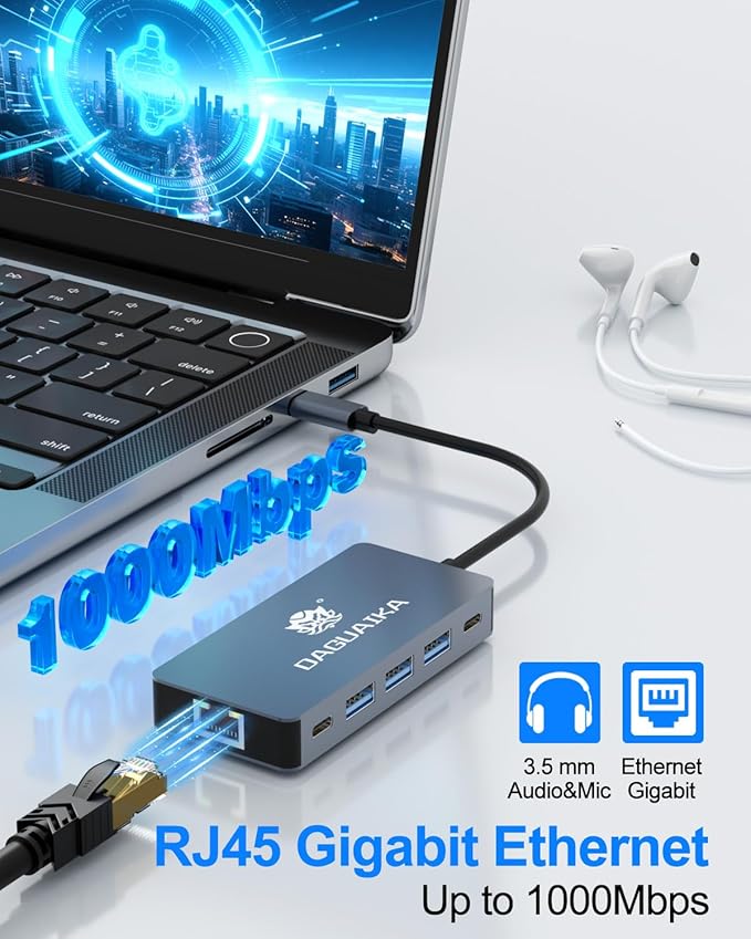 USB C Hub, 9 in 1 Dual Monitor Docking Station, 4K@60Hz Dual HDMI Display, RJ45 1000Mbps Ethernet Adapter, PD 100W, 3*USB-A 3.0 Ports, 3.5mm Audio/mic for MacBook Pro, Lenovo, Surface, Dell XPS, HP