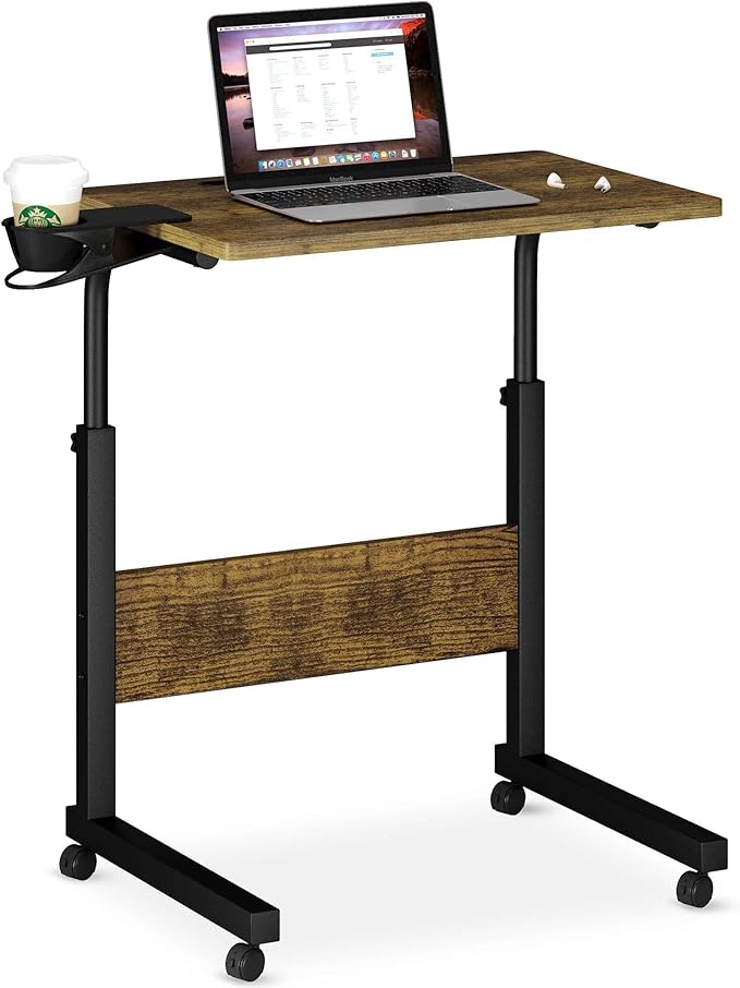 Klvied Standing Desk Adjustable Height, Stand Up Desk with Cup Holder, Portable and Easy to Move Bedside Table, Ideal for Home or Office, Walnut