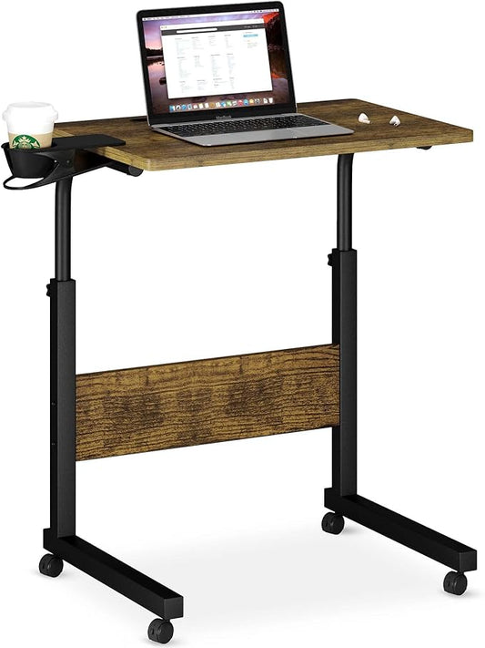 Klvied Standing Desk Adjustable Height, Stand Up Desk with Cup Holder, Portable and Easy to Move Bedside Table, Ideal for Home or Office, Walnut