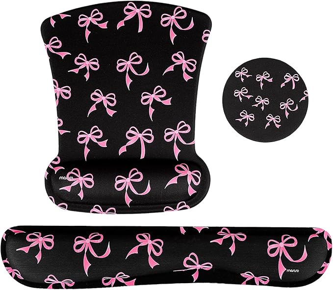 MOSISO Wrist Rest Support for Mouse Pad&Keyboard Set, Pink Bows Ergonomic Mousepad&Coaster Non-Slip Base Home/Office Pain Relief&Easy Typing Cushion with Neoprene Cloth&Raised Memory Foam, Black