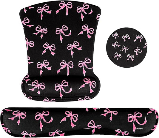 MOSISO Wrist Rest Support for Mouse Pad&Keyboard Set, Pink Bows Ergonomic Mousepad&Coaster Non-Slip Base Home/Office Pain Relief&Easy Typing Cushion with Neoprene Cloth&Raised Memory Foam, Black
