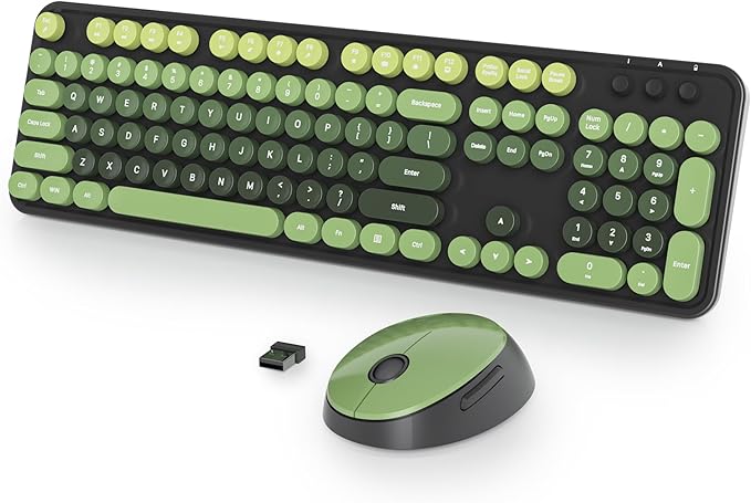 Black Green Keyboard and Mouse Combo Wireless, 2.4G Full Size 104-Key Retro Typewriter Keyboards Round Keys for Students Teenagers Home Office PC Laptop(Dark Green)