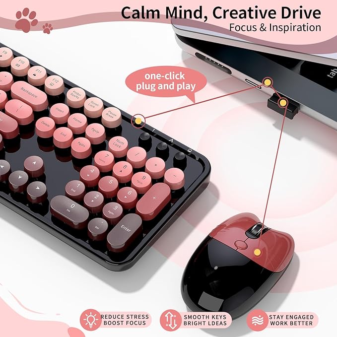 Wireless Keyboard and Mouse, 104 Round Keycaps Retro Typewriter with OTG & Brush, Full-Size Ergonomic, Ideal for Windows PC, Home, Office and College Black Pink