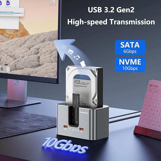 MiliPow SATA & M.2 NVMe Hard Drive Docking Station for 2.5 & 3.5 inch SATA HDD/SSD and M.2 NVMe SSD, USB 3.2 10Gbps Transfer Rate, Up to 28TB, 2-Bay